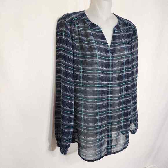 Ann Taylor LOFT Women Top Petite Medium Plaid Sheer Roll Tab Sleeve Popover Blue - Picture 5 of 10